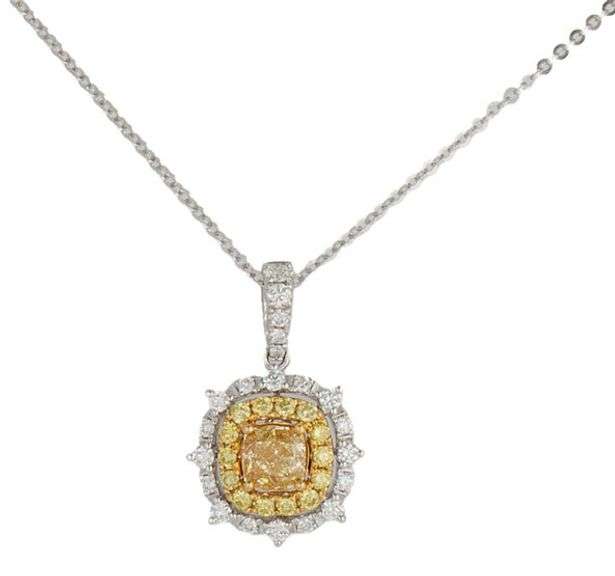 1.18ctw Cushion Round Yellow and White Diamond Double Frame Pendant Necklace in 14K