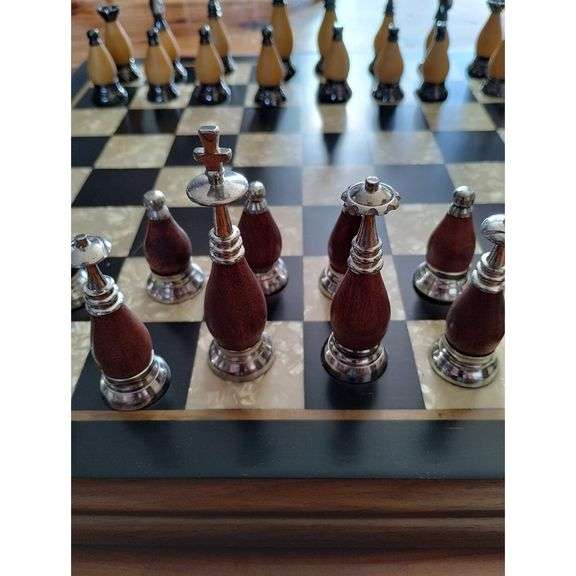 Brass and Wood Hand-Carved Chess Pieces Set