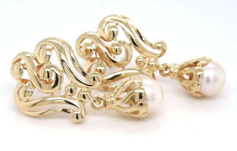 14kt Yellow gold 7-7.5mm Pearl drop swirl dangle earrings