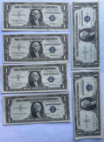 Six 1935 E & F Unc $1 Silver Certificates.