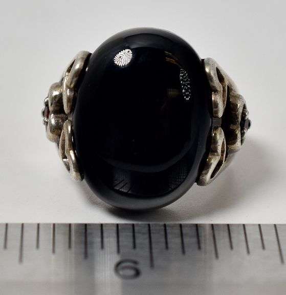 Black Onyx and Red Garnet Gemstone Ring in Sterling Silver