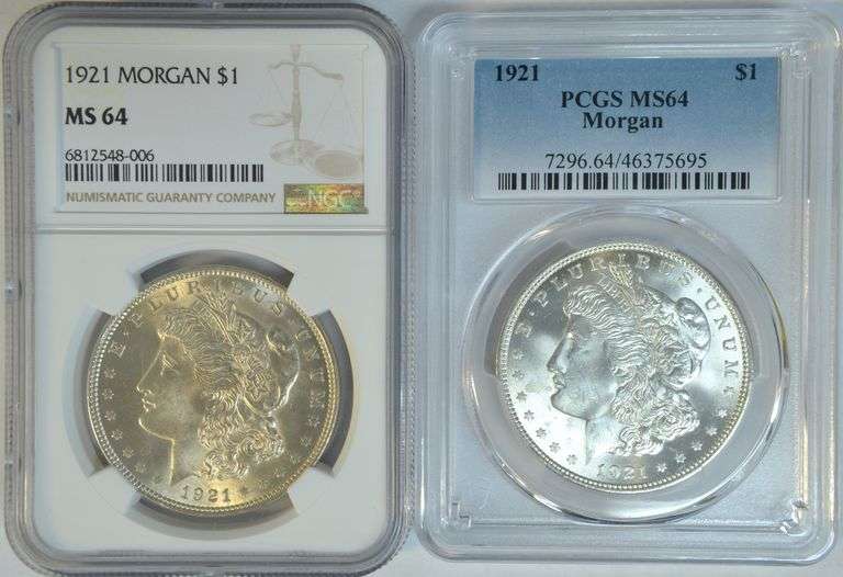 Pair of nearly Gem BU 1921 Morgan Silver Dollars. PCGS & NGC MS64's