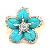 14kt Yellow gold turquoise and white topaz flower ring