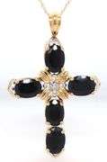 14kt Yellow gold blue sapphire and diamond accent cross pendant on chain