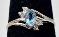 Cute 10k White Gold Blue Topaz and CZ Gemstone Ring