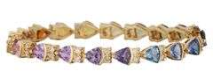 11.0ctw Trillion Cut Multi Color Sapphire and 1.20ctw Diamond Tennis Bracelet in 14K