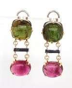 14kt Yellow gold Green and pink tourmaline cab earrings
