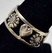 1/4 Inch Wide Heart and Flower Sterling Silver Band
