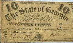 10 Cent State of Ga Jan 1 1863 Series Note