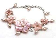 925 Sterling Silver Pink Mother Of Pearl Bracelet And Earrings Set