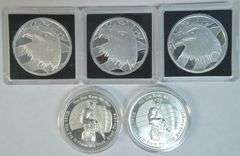 5 Impressive 1 Troy Oz pure .999 Silver Medallions in holders
