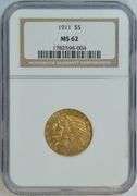 Choice BU better date 1911 $5 Indian Gold Piece. NGC MS62