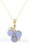 14kt Yellow gold Purple Jade and diamond accent 3 stone pendant on chain