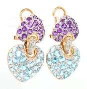14kt Yellow gold blue topaz and amethyst heart dangle earrings