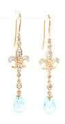 14kt Yellow gold blue topaz and diamond Fluer De Lis dangle earrings