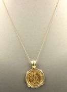 22kt Yellow gold Venetian gold coin in frame on gold chain necklace