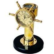 Brass Ship Wheel Compass & Clock