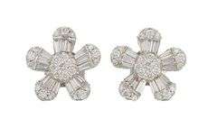 New 0.90ctw Round and Tapered Baguette Flower Stud Earrings in 14K