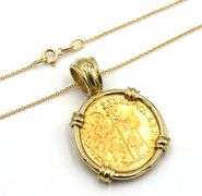 22kt Yellow gold Venetian gold coin in frame on gold chain necklace