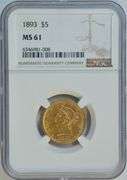 Fully struck and lustrous BU 1893 $5 Liberty Gold Piece. NGC MS61