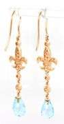 14kt Yellow gold blue topaz and diamond Fluer De Lis dangle earrings