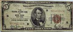 $5 Fed Bank New York NY 1929 National Currency Note
