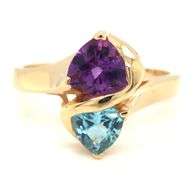 14kt Yellow gold trillion amethyst and blue topaz cross over ring