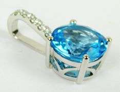 JLJ - 14K Large 10MM Blue Topaz & Diamonds Pendant