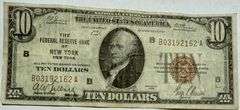 $10 Fed Reserve Bank NY NY Series 1929 Brown Seal National Currency Note.