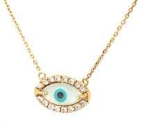 14kt Yellow gold mother of pearl and CZ evil eye necklace