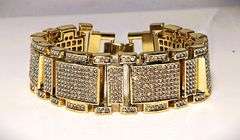 Huge 90 Gram 14 Kt Gold Plate Italian God Father Simualted Diamond Link Bracelet