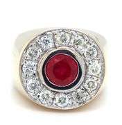 14kt Yellow gold 1.50ct ruby and 0.75ctw diamond halo ring