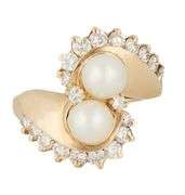 6.0MM Double Pearl and Diamond Crossover Ring in 14K