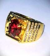 Impressive Mens 14 Kt Yellow Gold Plated 4.5 Ct Lab Simulated Ruby Diamond Ring