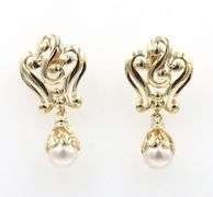 14kt Yellow gold 7-7.5mm Pearl drop swirl dangle earrings