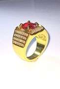 Impressive Mens 14 Kt Yellow Gold Plated 4.5 Ct Lab Simulated Ruby Diamond Ring