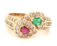 14kt Yellow gold ruby, emerald and diamond bypass ring