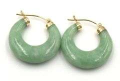 14kt Yellow gold Green Jade hoop earrings