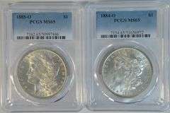 Satiny-white Gem BU 1884-O & 1885-O Morgan Silver Dollars. PCGS MS65