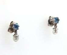 14kt White gold Pearl and blue topaz dangle earrings