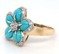 14kt Yellow gold turquoise and white topaz flower ring