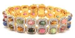 Jaw Dropping 19.00CTW Oval Multi Color Cabochon-Cut Tourmaline & 4.00CTW Diamond Bracelet in 14K Yel