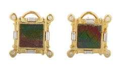 Square Shaped Ammolite and 0.25ctw Baguette and Round Diamond Earrings in 18K