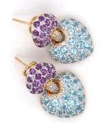 14kt Yellow gold blue topaz and amethyst heart dangle earrings