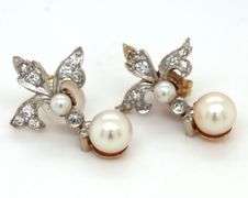 14kt Yellow gold Fleur De Lis diamond and pearls dangle earrings