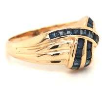 14kt Yellow gold blue sapphire channel set square cut crossover dome ring