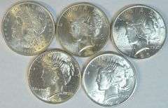 Choice BU run of 5 Diff Silver Dollars 1921 to 1925