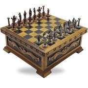 Wooden Chess Set with Storage Box Copper Metal Pieces