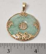 Earthy 14K Yellow Gold Green Jade Gemstone Good Fortune Pendant