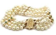 4.5-5m Four row pearl emerald station bracelet in yellow gold